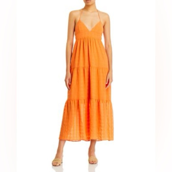 NWT Aqua Womens Orange V-Neck Long Sleeveless Halter Maxi Dress Size Large - Picture 1 of 5